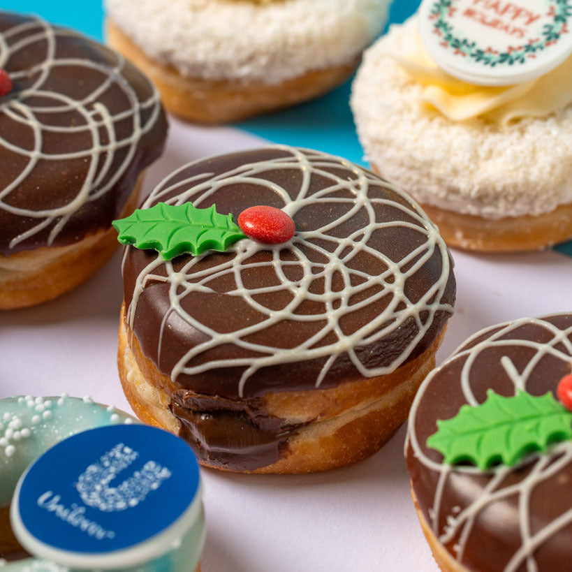 Scatola regalo per mini ciambelle aziendali "Buone Feste" con logo