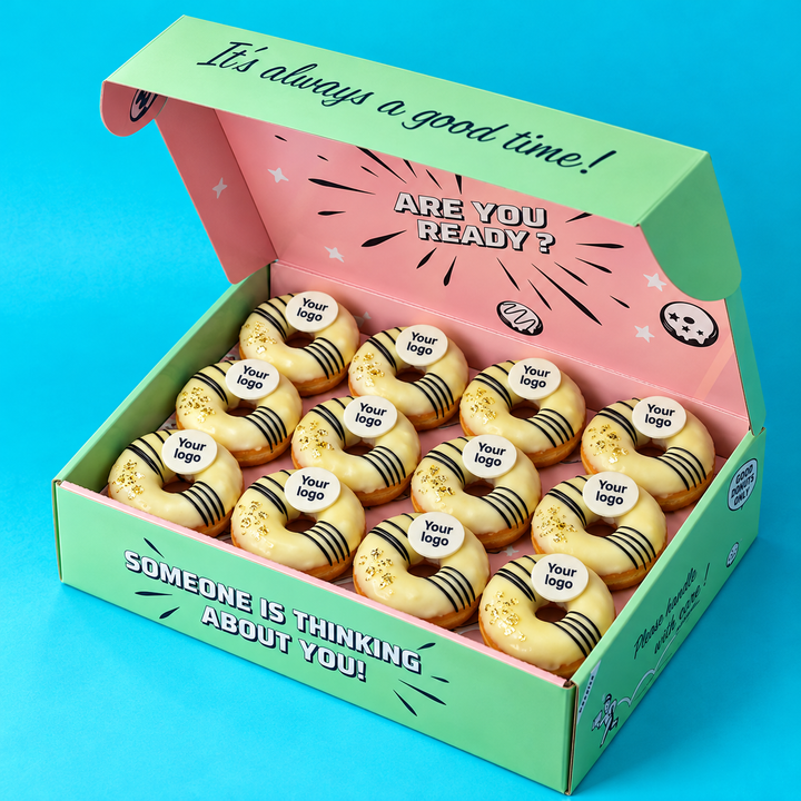 Custom Brandbox - 24 Mini-Donuts mit Logo und Firmenfarben (VG)