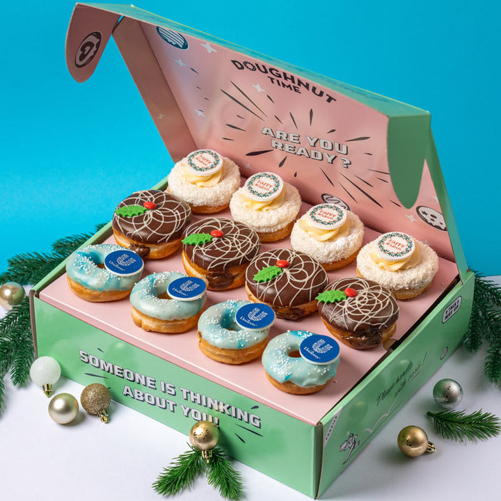 Caja regalo mini donuts corporativos "Felices Fiestas" con logotipo