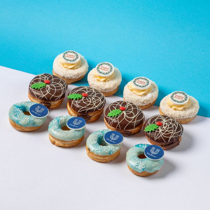 Caja regalo mini donuts corporativos "Felices Fiestas" con logotipo