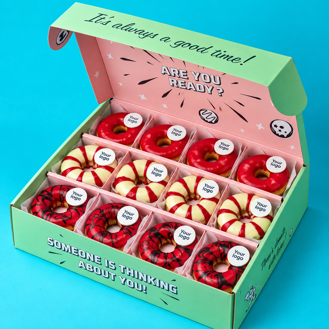 Custom Brandbox - 24 Mini-Donuts mit Logo und Firmenfarben (VG)