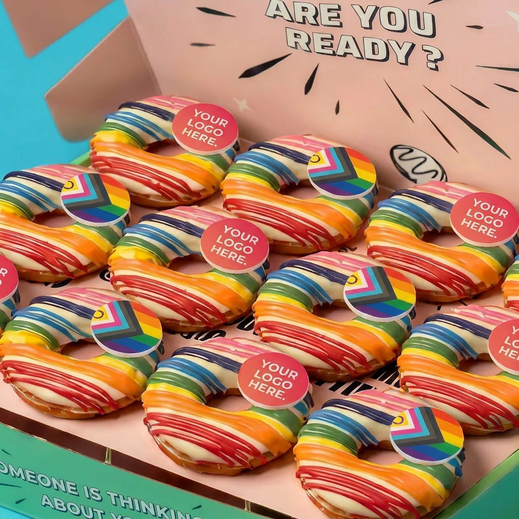 "Chocolate Pride" corporate vegan mini doughnut gift box with logo