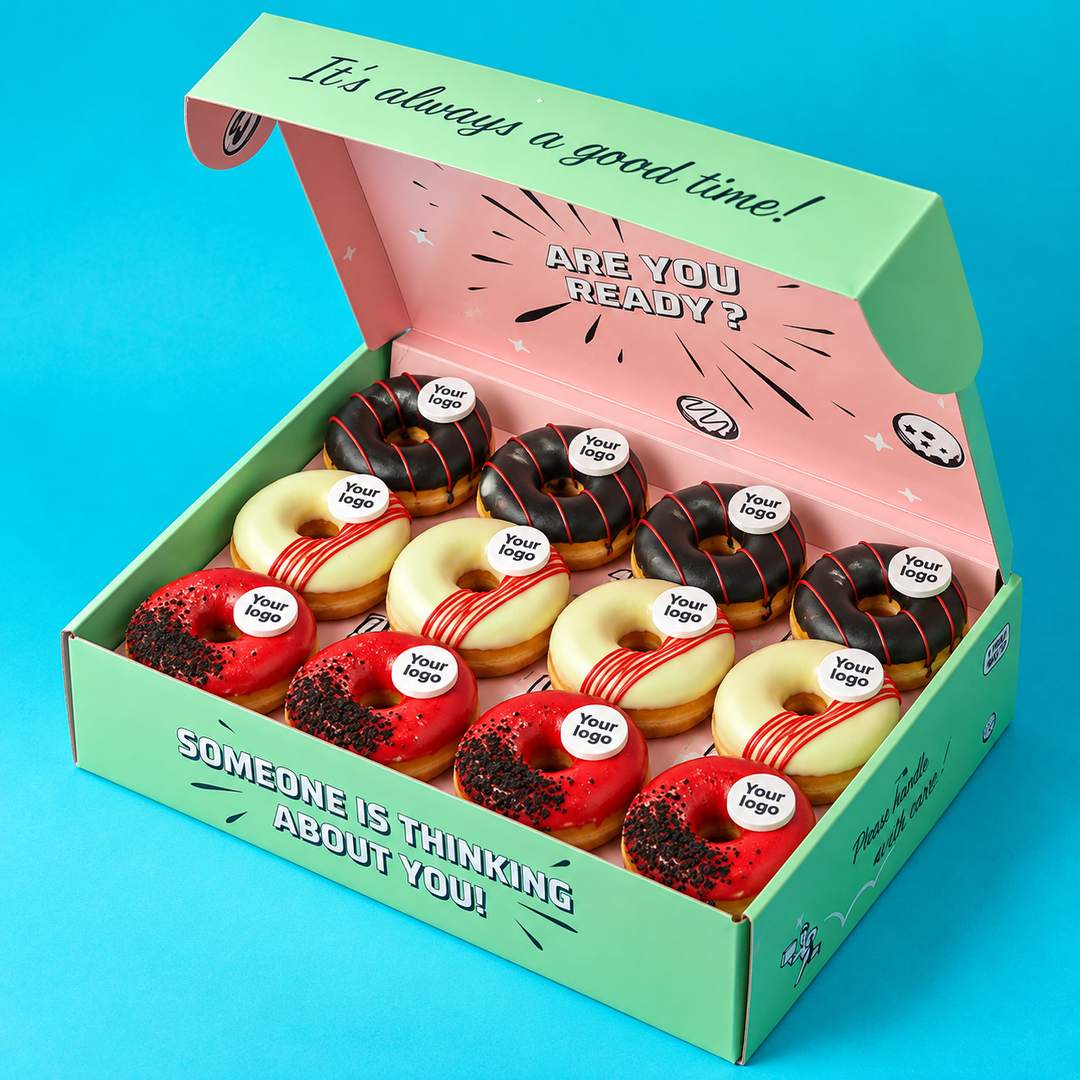 Custom Brandbox - 24 Mini-Donuts mit Logo und Firmenfarben (VG)
