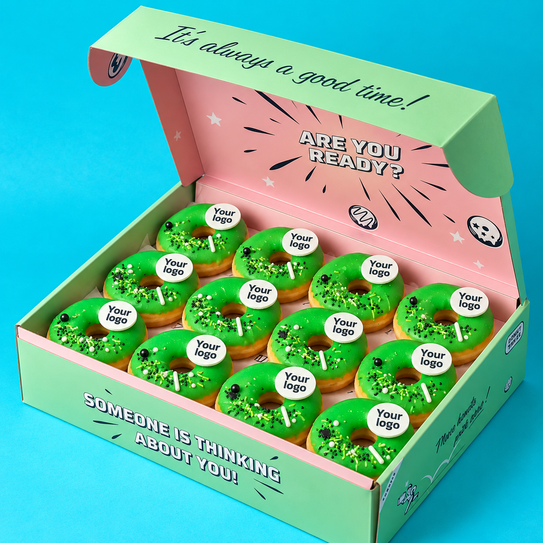 Custom Brandbox - 24 Mini-Donuts mit Logo und Firmenfarben (VG)
